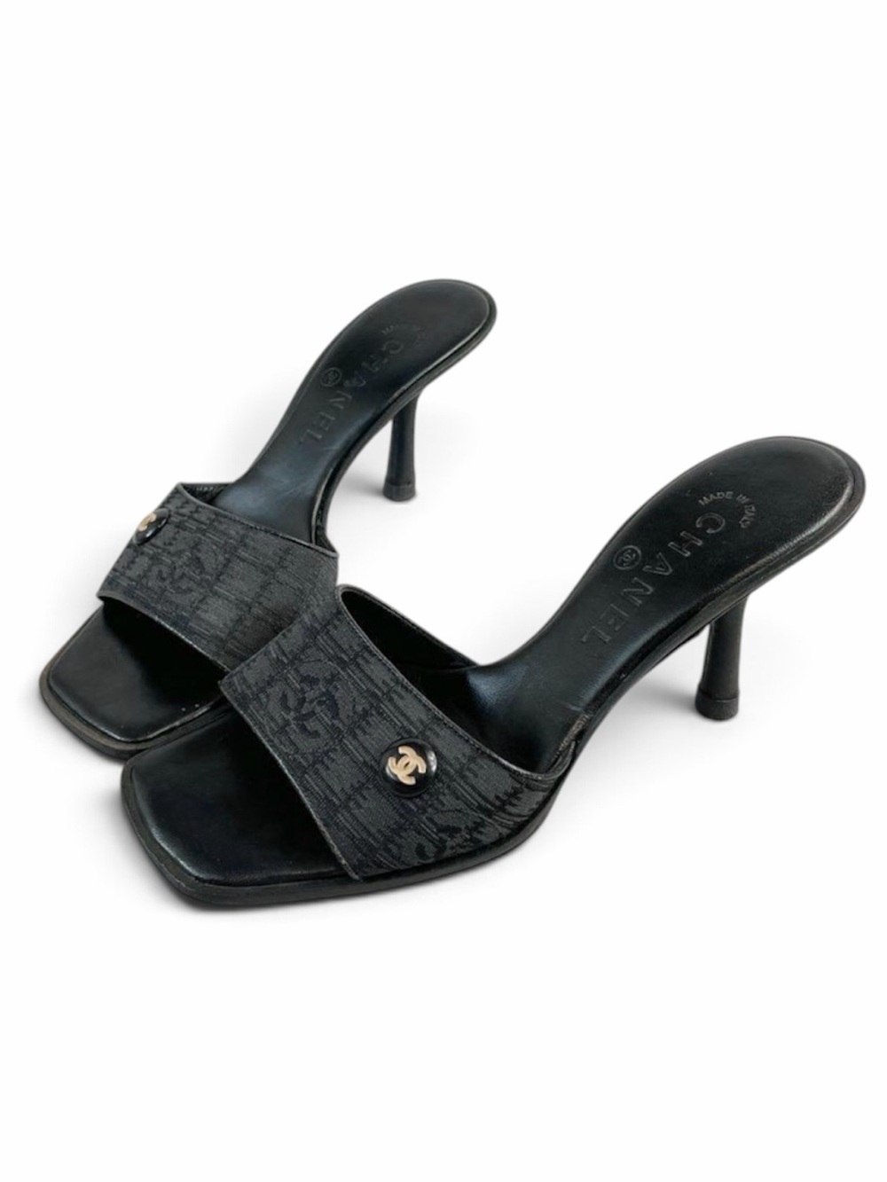 CHANEL Black Heeled Mules Sandals / Size 36.5 / Travel Line COCO / Vintage